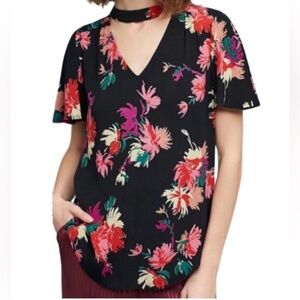 Anthropologie Maeve Black Short Flutter Sleeve Pink Floral Blouse size XS